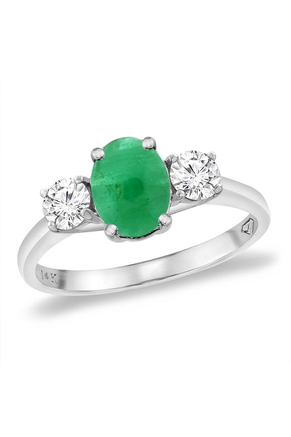 14K White Gold Natural Cabochon Emerald & 2pc. Diamond Engagement Ring Oval 8x6 mm, size 6