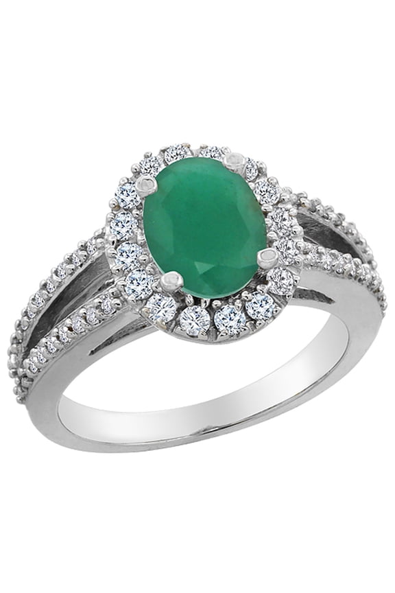 14K White Gold Natural Cabochon Emerald Halo Ring Oval 8x6 mm with Diamond Accents, size 6.5