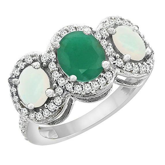 14K White Gold Natural Cabochon Emerald & Opal 3-Stone Ring Oval Diamond Accent, size 8.5