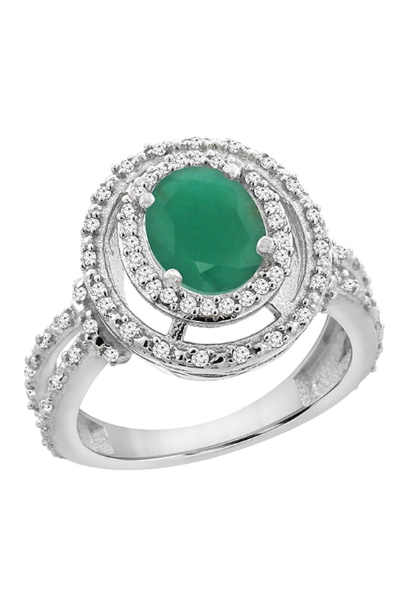 14K White Gold Natural Cabochon Emerald Ring Oval 8x6 mm Double Halo Diamond, size 7