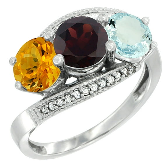 14K White Gold Natural Citrine, Garnet & Aquamarine 3 stone Ring Round 6mm Diamond Accent, size 6