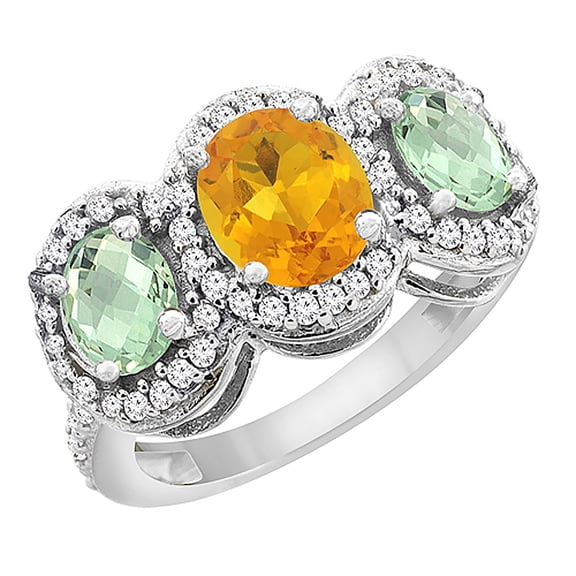14K White Gold Natural Citrine & Green Amethyst 3-Stone Ring Oval Diamond Accent, size 7