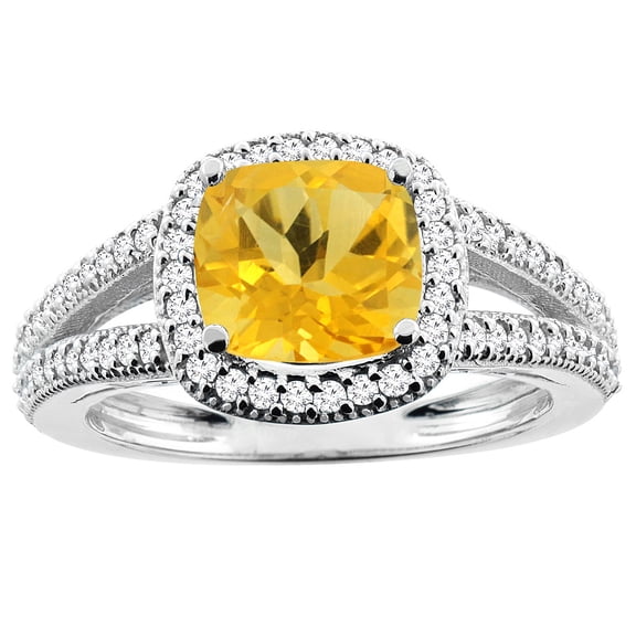 14K White Gold Natural Citrine Ring Cushion 7x7mm Diamond Accent 3/8 inch wide, size 9