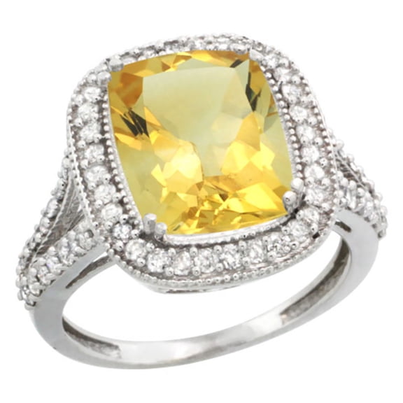 14K White Gold Natural Citrine Ring Cushion-cut 12x10mm Diamond Halo, size 5.5