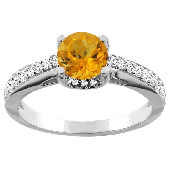 14K White Gold Natural Citrine Ring Round 6mm Diamond Accents 1/4 inch wide, size 7.5