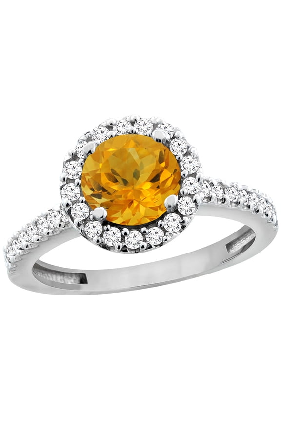 14K White Gold Natural Citrine Ring Round 6mm Floating Halo Diamond, size 9