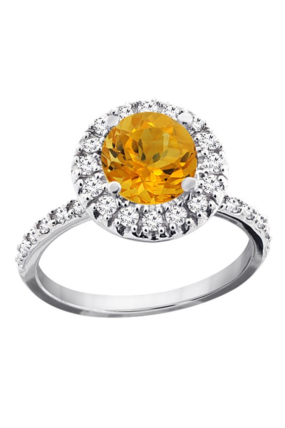 14K White Gold Natural Citrine Ring Round 8mm Floating Halo Diamond, size 5