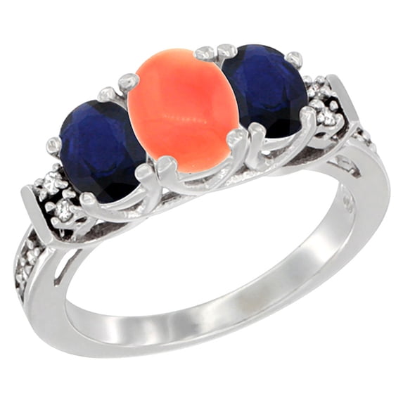 14K White Gold Natural Coral & HQ Blue Sapphire Ring 3-Stone Oval Diamond Accent, size 8.5