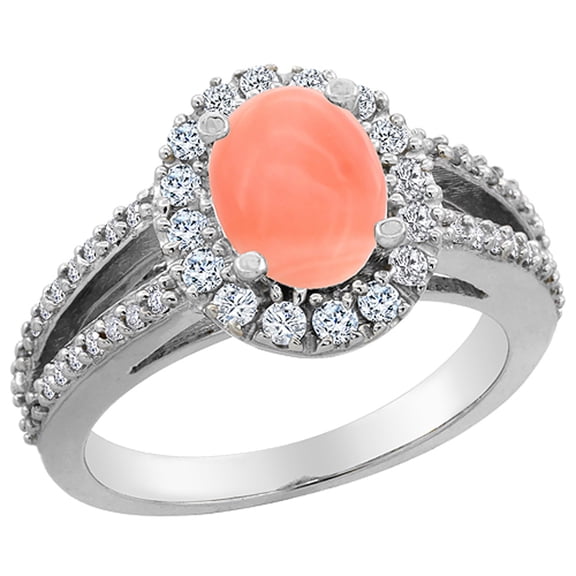14K White Gold Natural Coral Halo Ring Oval 8x6 mm with Diamond Accents, size 9