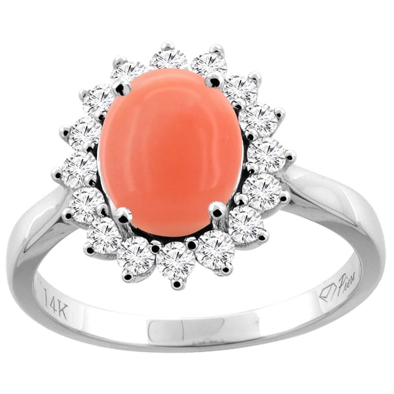 14K White Gold Natural Coral Ring Oval 9x7 mm Diamond Accents, size 7