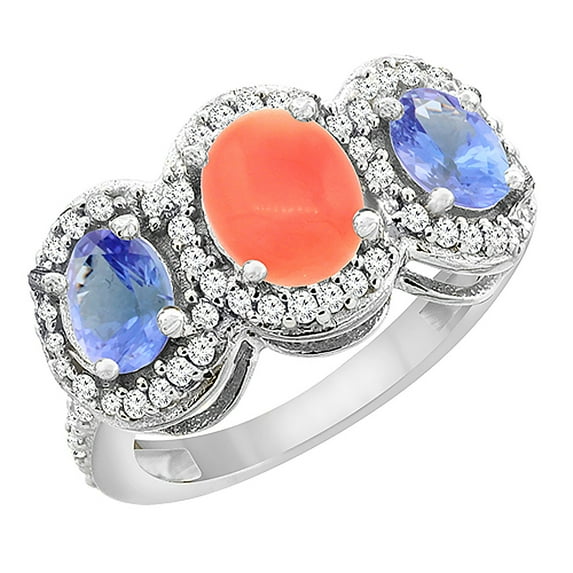 14K White Gold Natural Coral & Tanzanite 3-Stone Ring Oval Diamond Accent, size 8