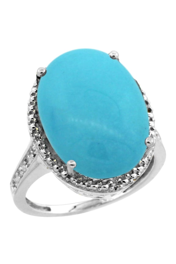 14K White Gold Natural Diamond Sleeping Beauty Turquoise Ring Oval 18x13mm, size 8.5
