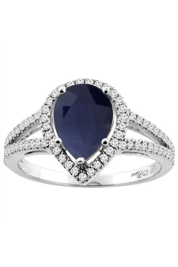 14K White Gold Natural Diffused Ceylon Sapphire Ring Pear Shape 9x7 mm Diamond Accents, size 6