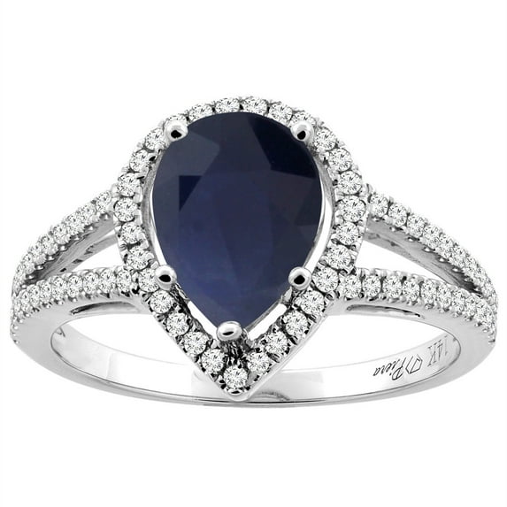 14K White Gold Natural Diffused Ceylon Sapphire Ring Pear Shape 9x7 mm Diamond Accents, size 9