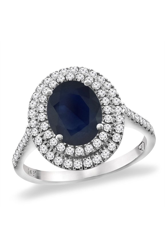 14K White Gold Natural Diffused Ceylon Sapphire Two Halo Diamond Engagement Ring 9x7mm Oval, size 10