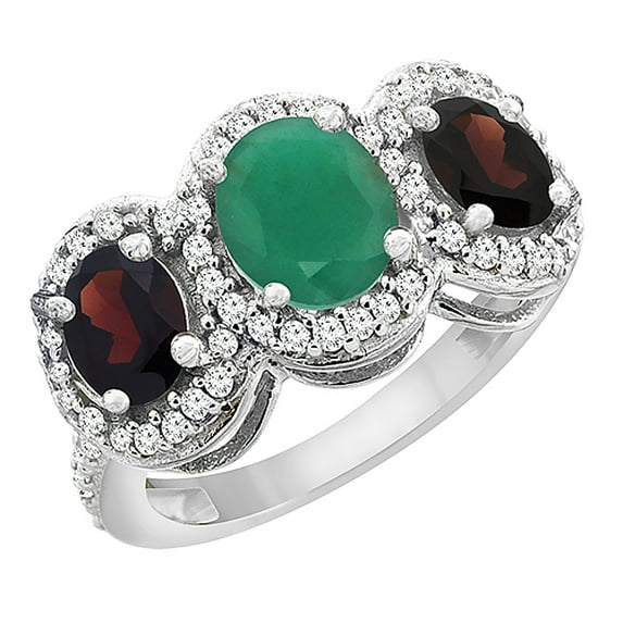 14K White Gold Natural Emerald & Garnet 3-Stone Ring Oval Diamond Accent, size 10