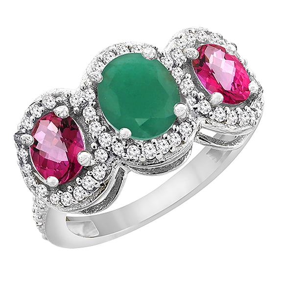 14K White Gold Natural Emerald & Pink Topaz 3-Stone Ring Oval Diamond Accent, size 10