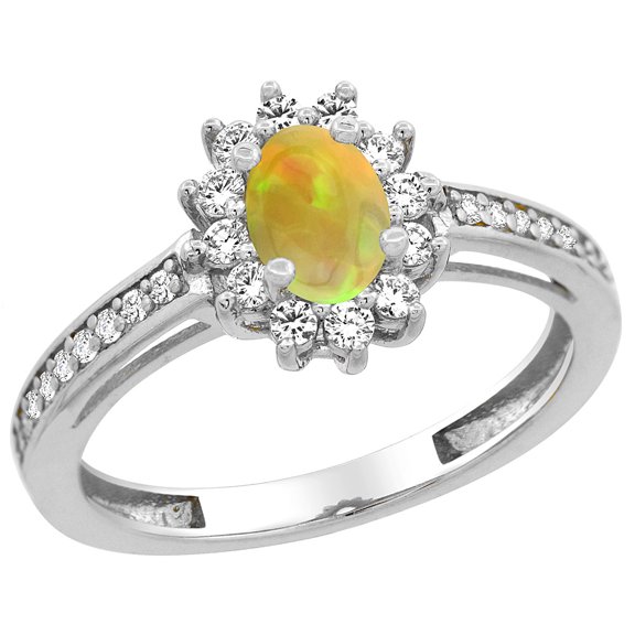 14K White Gold Natural Ethiopian HQ Opal Diamond Halo Engagement Ring Oval 6x4 mm, size 9.5