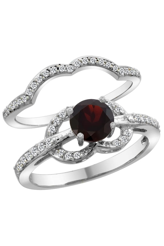 14K White Gold Natural Garnet 2-piece Engagement Ring Set Round 6mm, size 7
