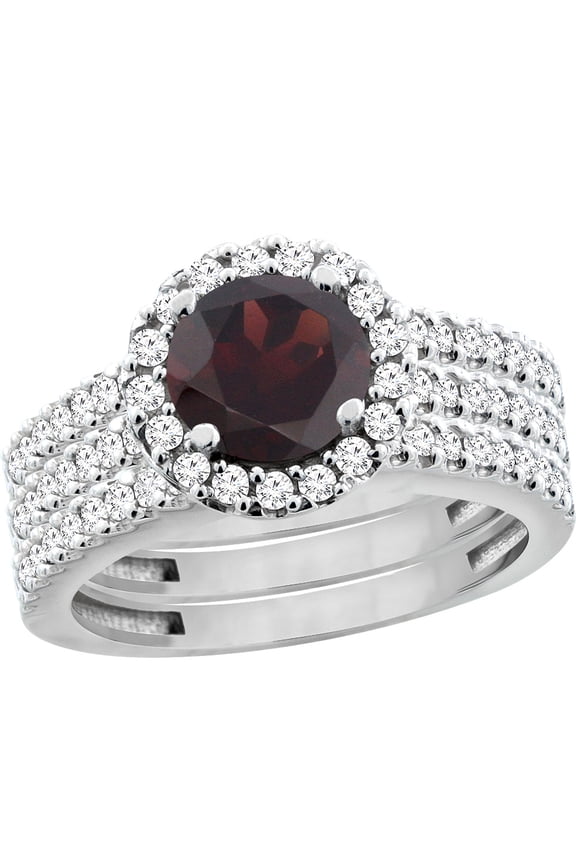 14K White Gold Natural Garnet 3-Piece Bridal Ring Set Round 6mm Halo Diamond, size 6