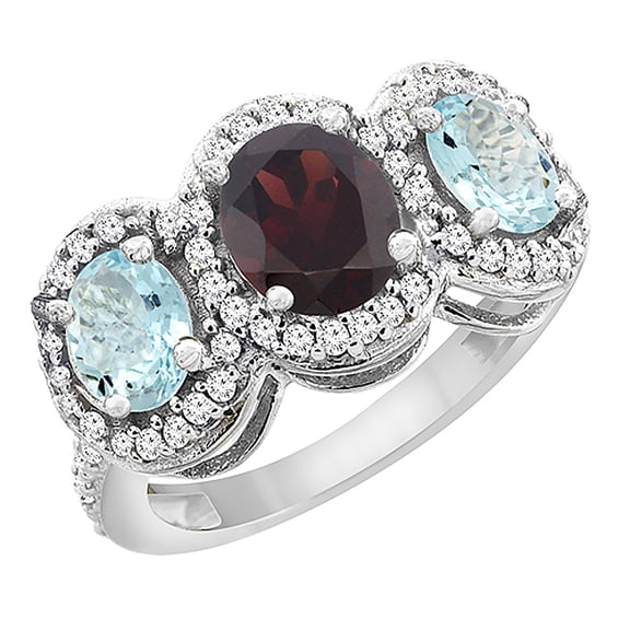 14K White Gold Natural Garnet & Aquamarine 3-Stone Ring Oval Diamond Accent, size 5.5