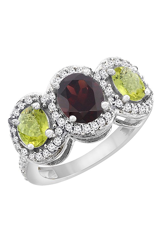 14K White Gold Natural Garnet & Lemon Quartz 3-Stone Ring Oval Diamond Accent, size 5.5