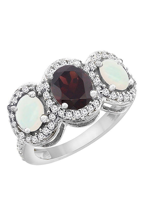 14K White Gold Natural Garnet & Opal 3-Stone Ring Oval Diamond Accent, size 10