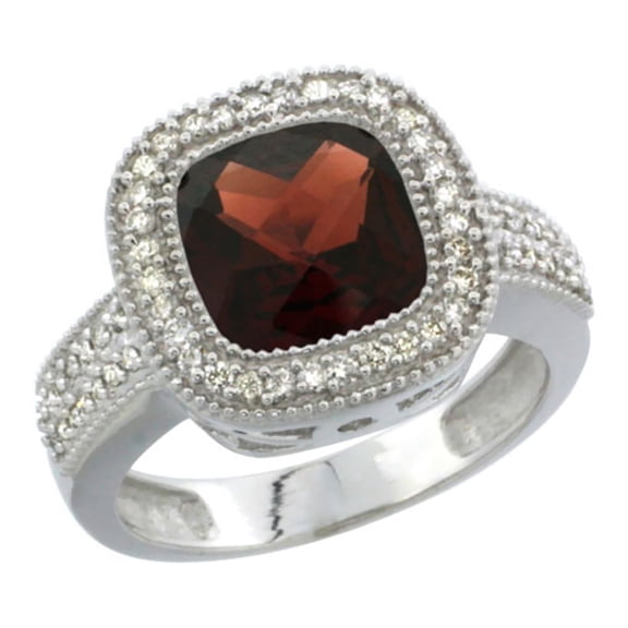 14K White Gold Natural Garnet Ring Cushion-cut 9x9mm Diamond Accent, size 5.5
