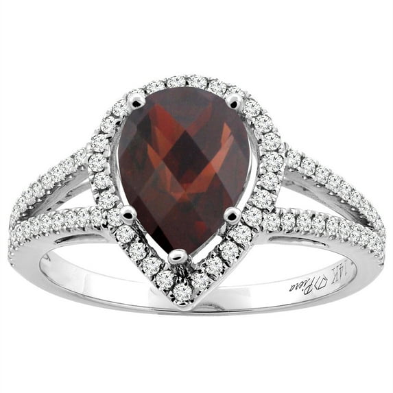 14K White Gold Natural Garnet Ring Pear Shape 9x7 mm Diamond Accents, size 7.5