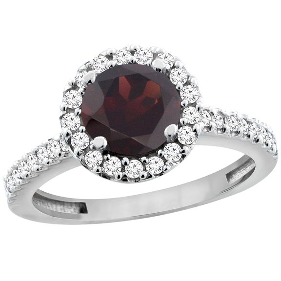 14K White Gold Natural Garnet Ring Round 6mm Floating Halo Diamond, size 6