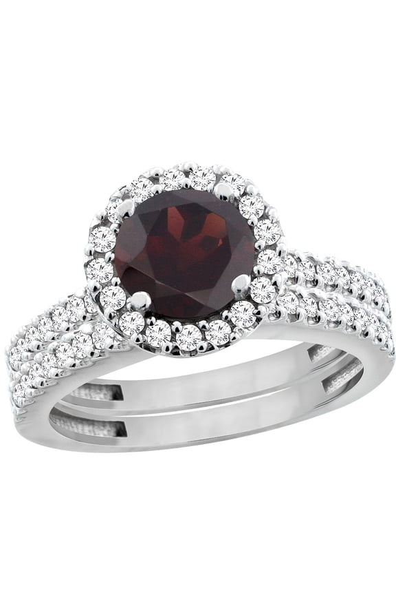 14K White Gold Natural Garnet Round 6mm 2-Piece Engagement Ring Set Floating Halo Diamond, size 9