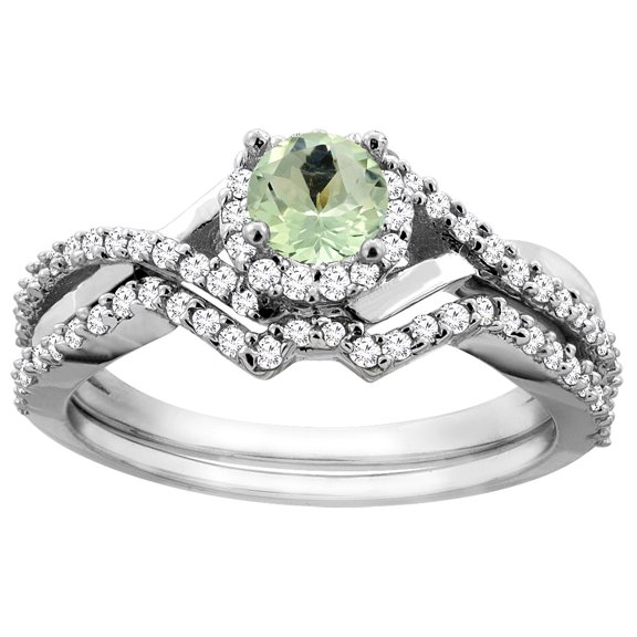 14K White Gold Natural Green Amethyst 2-piece Bridal Ring Set Round 5mm, size 9
