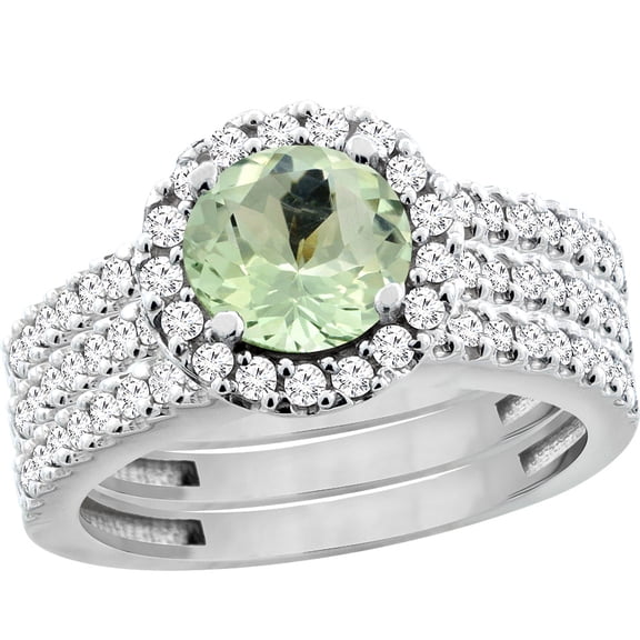14K White Gold Natural Green Amethyst 3-Piece Bridal Ring Set Round 6mm Halo Diamond, size 10