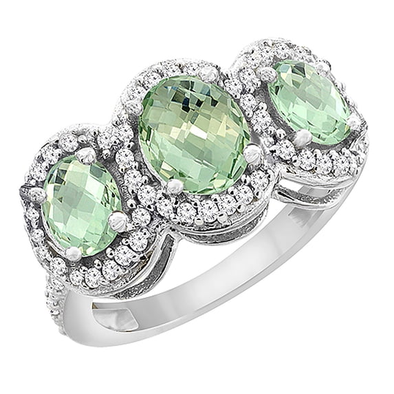14K White Gold Natural Green Amethyst 3-Stone Ring Oval Diamond Accent, size 10