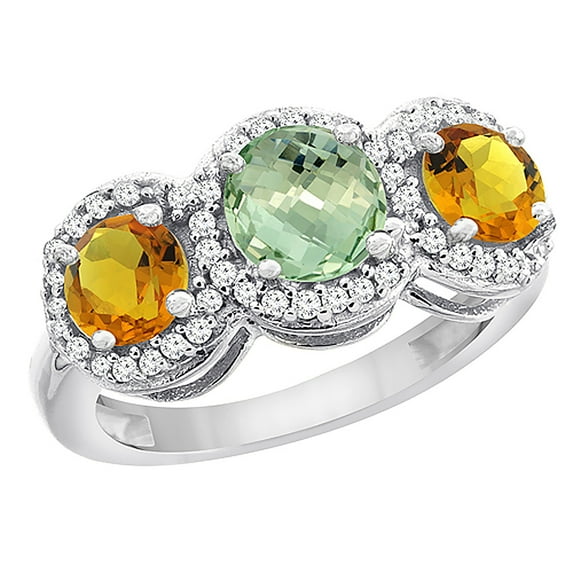 14K White Gold Natural Green Amethyst & Citrine Sides Round 3-stone Ring Diamond Accents, size 8