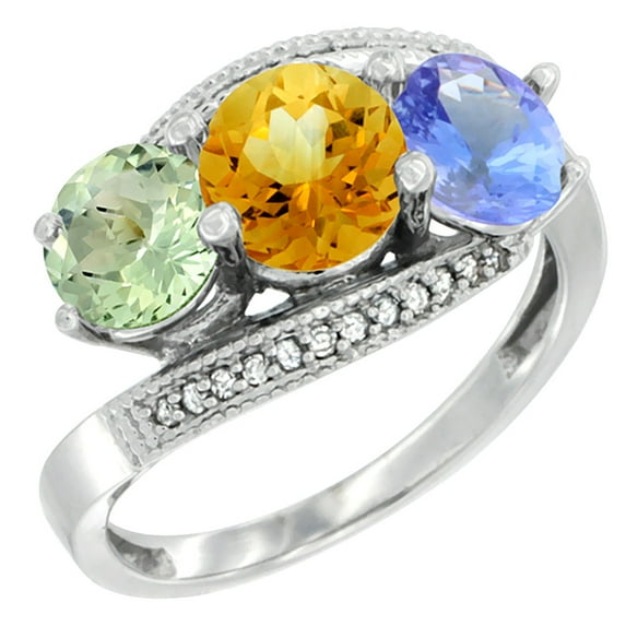 14K White Gold Natural Green Amethyst, Citrine & Tanzanite 3 stone Ring Round 6mm Diamond Accent, size 5.5