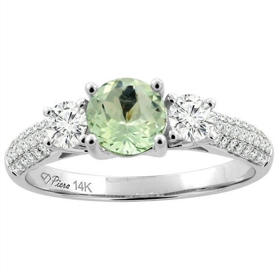 14K White Gold Natural Green Amethyst Engagement Ring Round 6 mm & Diamond Accents, size 7.5