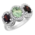 thumbnail image 1 of 14K White Gold Natural Green Amethyst & Garnet 3-Stone Ring Oval Diamond Accent, size 7, 1 of 2