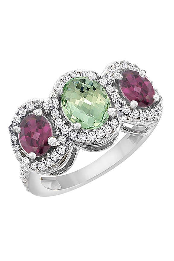 14K White Gold Natural Green Amethyst & Rhodolite 3-Stone Ring Oval Diamond Accent, size 10