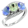 thumbnail image 1 of 14K White Gold Natural Green Amethyst & Tanzanite Sides 3 stone Ring Round 6mm Diamond Accent, size 9.5, 1 of 2
