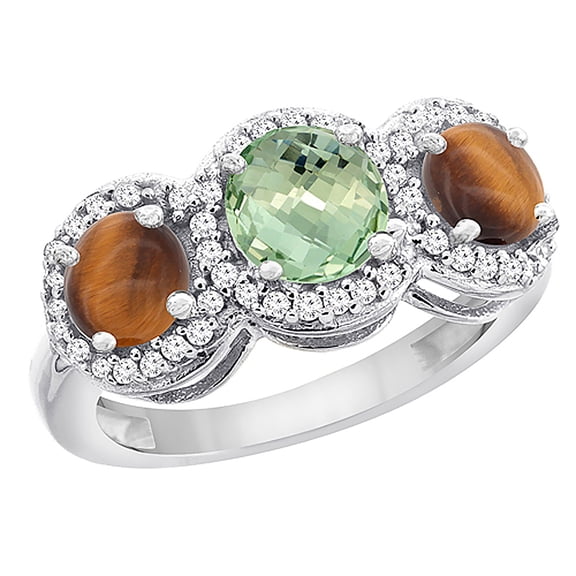 14K White Gold Natural Green Amethyst & Tiger Eye Sides Round 3-stone Ring Diamond Accents, size 7