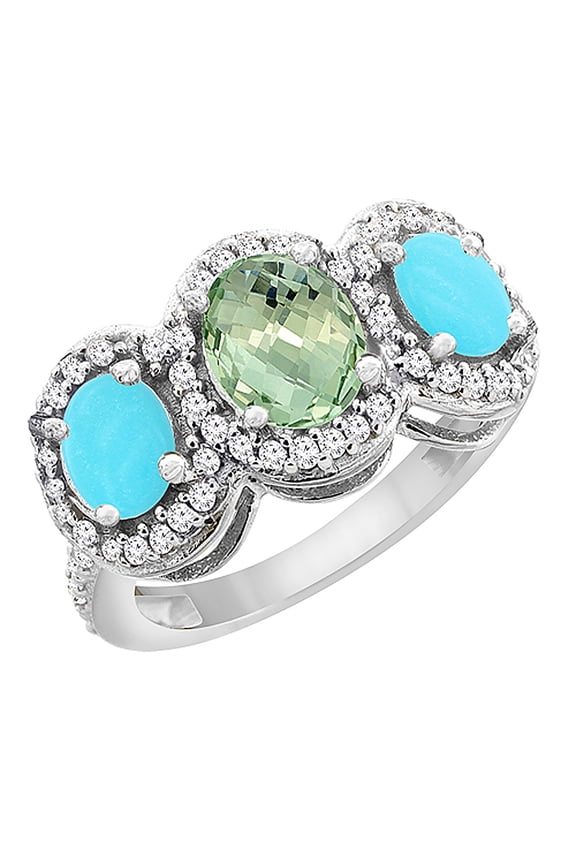 14K White Gold Natural Green Amethyst & Turquoise 3-Stone Ring Oval Diamond Accent, size 5.5