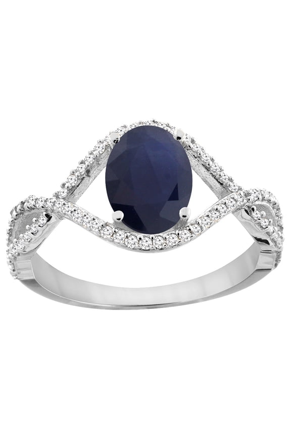 14K White Gold Natural HQ Blue Sapphire Ring Oval 8x6 mm Infinity Diamond Accents, size 7