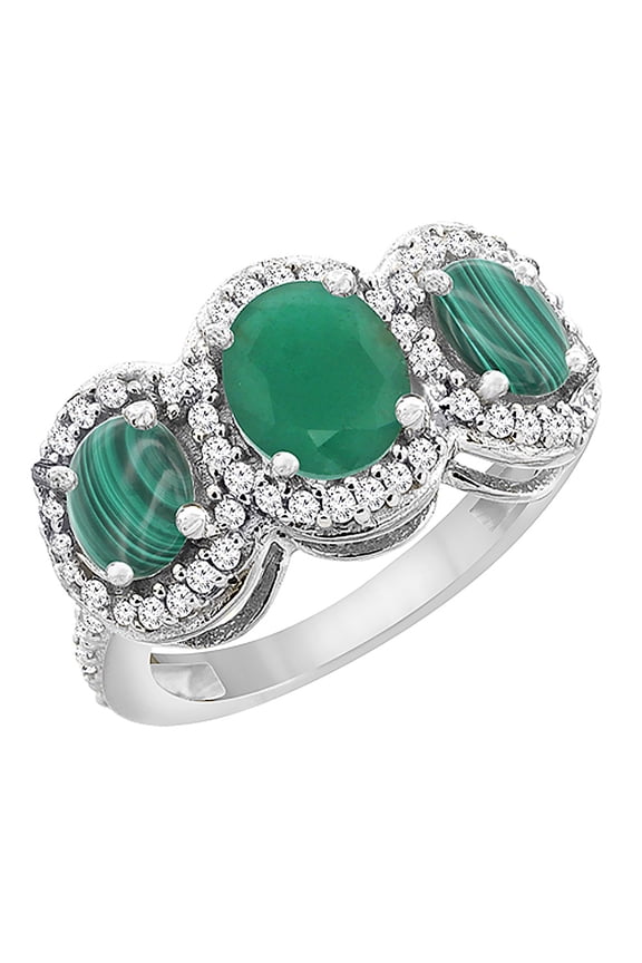 14K White Gold Natural HQ Emerald & Malachite 3-Stone Ring Oval Diamond Accent, size 10