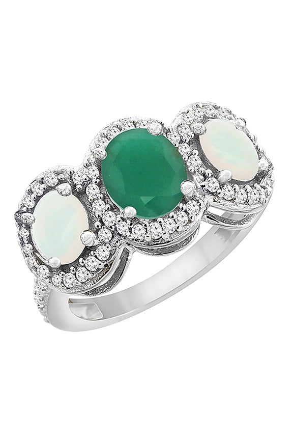 14K White Gold Natural HQ Emerald & Opal 3-Stone Ring Oval Diamond Accent, size 8.5