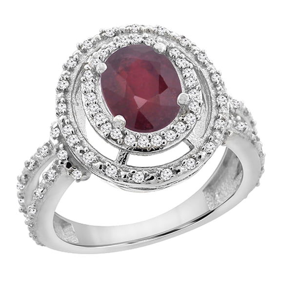 14K White Gold Natural HQ Ruby Ring Oval 8x6 mm Double Halo Diamond, size 6.5
