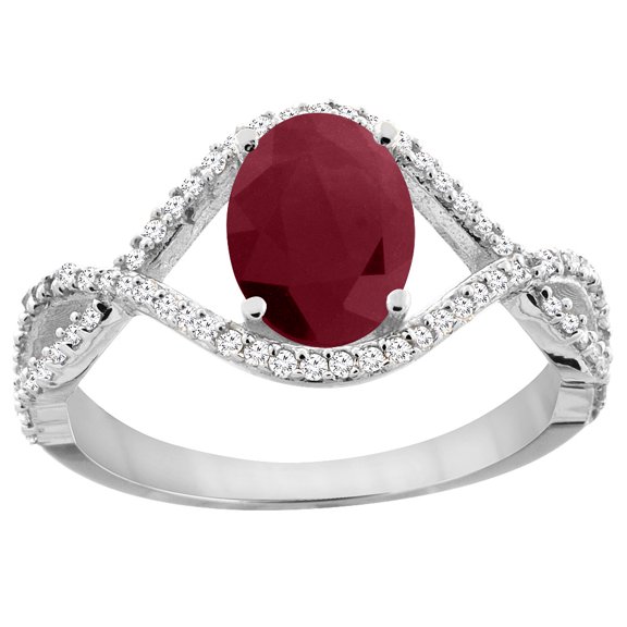 14K White Gold Natural HQ Ruby Ring Oval 8x6 mm Infinity Diamond Accents, size 8.5