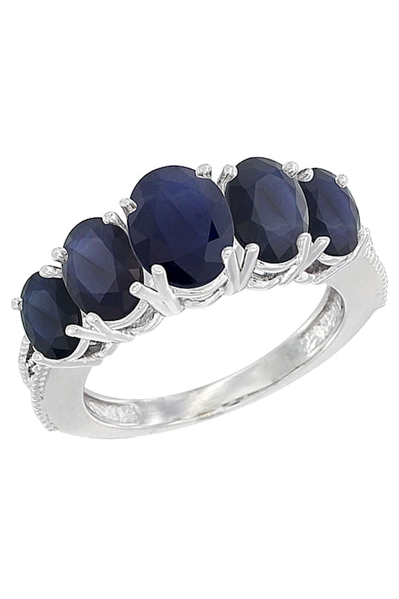 14K White Gold Natural High Quality Blue Sapphire Ring 5-Stone Oval Diamond Accent, size 10