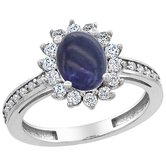 14K White Gold Natural Lapis Floral Halo Ring Oval 8x6mm Diamond Accents, size 10