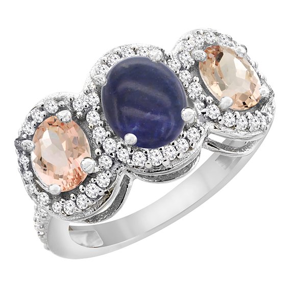 14K White Gold Natural Lapis & Morganite 3-Stone Ring Oval Diamond Accent, size 6